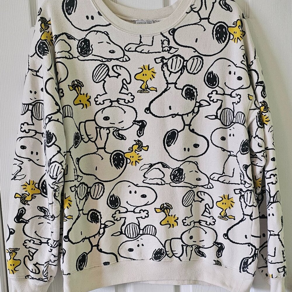 Peanuts Women's Sweatshirt XL, Ivory Snoopy & Woodstock Crew Neck, Long Sleeve